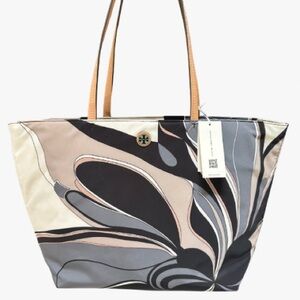 NWT Tory Burch Ella Nylon Printed Zip Tote in the Black "Twisty Flower" Pattern